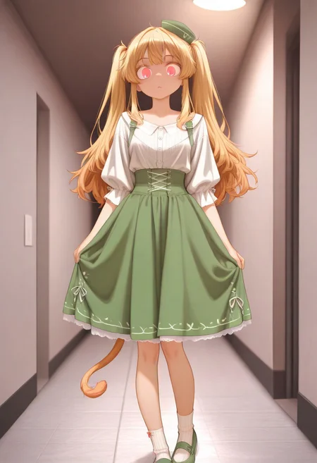 soft light, perfect anatomy , sharp focus, ((Depth of field)) deep depth, (Ultra detailed), best quality, intricate lighting, (absurd resolution), high resolution, intricate details, volumetric lighting, green hat, yellow hair, flowing detailed hair, innocent eyes, white panty hose, green skirt, green shoulder straps , white thick inner shirt, green striped socks, green shoes, small hat, twin tail hair, natural cloths, wild like girl, Fun Spirit, Fine Details, ,Fun Spirit, Fine Details,, s4ish0,, curious excitement , (white center tones), (green inner tones),