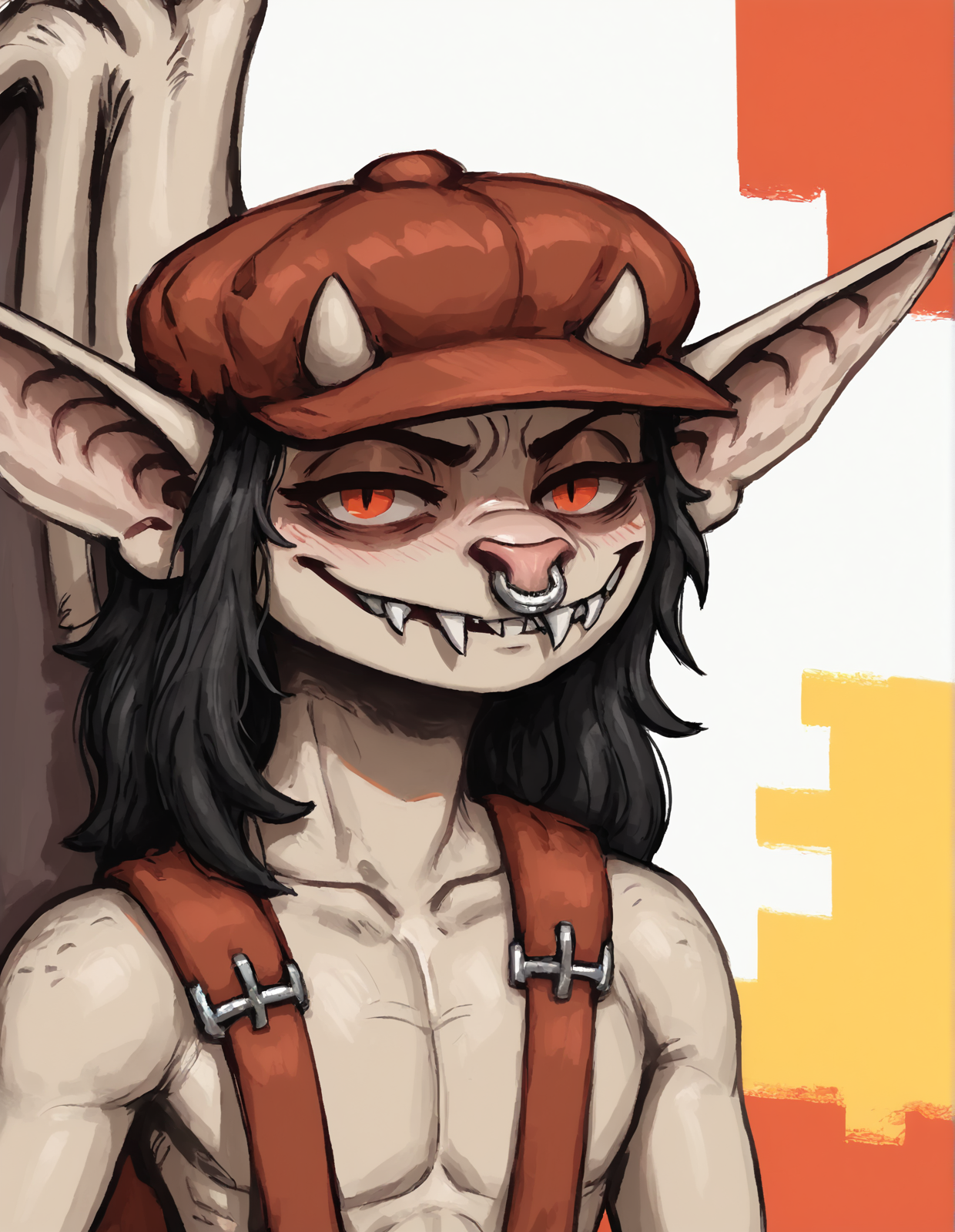 score_9, score_8_up, score_7_up, score_6_up, (high contrast:0.8), oyz, oir, ybq
ivy \(deadlock\), deadlock, valve, gargoyle, 4 fingers, anthro, big ears, black hair, bottomwear, clothed, clothing, facial piercing, fangs, featureless chest, female, fingers, flat chested, hair, hat, headgear, headwear, horn, long ears, looking at viewer, nose piercing, nose ring, piercing, ring piercing, septum piercing, septum ring, sharp teeth, smile, solo, suspenders, teeth, topless, wings, tan body, (short:1.1)
BREAK
(close-up, hero view:1.25), looking at viewer, (painting_\(medium\):0.8), (painterly:0.9), (color overflow, colorful:1.1), (faux traditional media:0.8), colorful, (aesthetic of hard edge painting:0.9), oil painting, (pioneering unparalleled masterwork with superior details:0.8), (expressive drawing:0.8), (impressionist painting:0.8), (dimly lit:0.9), (red outline:0.9), (expressionism:0.8), g0thicPXL, glowing, red neon, smug, (smirk:1.125), furrowed brow, raised eyebrow
<lora:discoelysium_v2:0.7> <lora:g0th1cPXL:0.6> <lora:ivy-deadlock_pdxl:0.8>