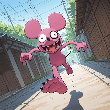 2d, Solo, Chuumon, Digimon (creature), rat, Pink fur, black nose, black eye, red eyes, black claws, toe claws, tail, teeth, cartoon style
BREAK dynamic angle, outside, day, running, open mouth smile, happy, tongue out
BREAK best quality, amazing quality, very aesthetic, absurdres, newest, masterpiece