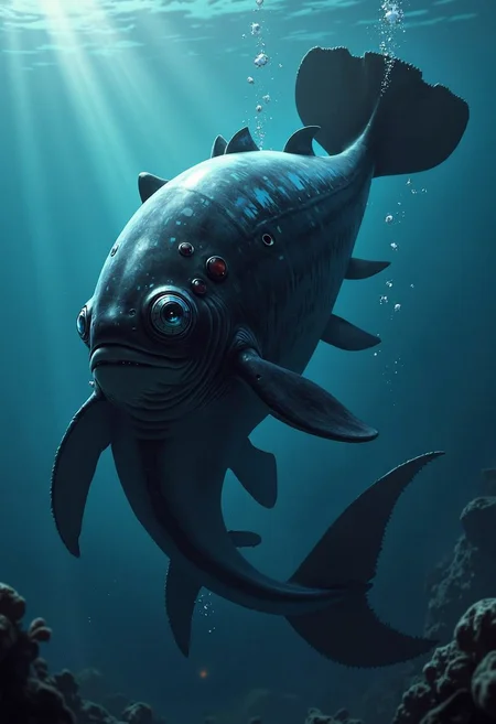 A yfg-bgy, its large, paddle-like tail propelling it through the water, swims gracefully.
