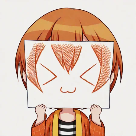 score_9, score_8_up, score_7_up, <lora:PaperLikeFacePony:0.8>
PaperLikeFace, 1girl, solo, short hair, simple background, brown hair, shirt, holding, closed eyes, striped, chibi, orange hair, :3, transparent background, >_<, x3, score_9