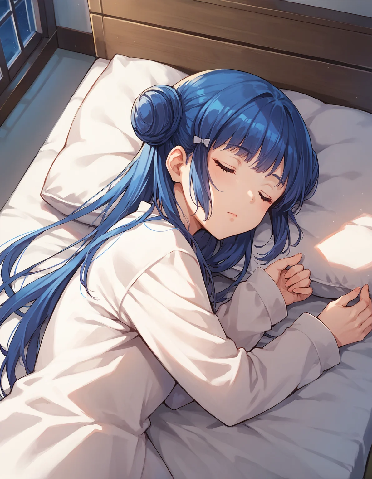 score_9, score_8_up, score_7_up, score_6_up, source_anime, detailed, solo focus, colorful, 1girl, perfect lighting, upper body, medium shot, mgrcchunmeiyui, blue hair, double bun, long hair, eyes closed, white pajama, indoors, bed, bedroom, sleeping, lying, view from above, night, <lora:mgrcchunmeiyui_XL:0.8>