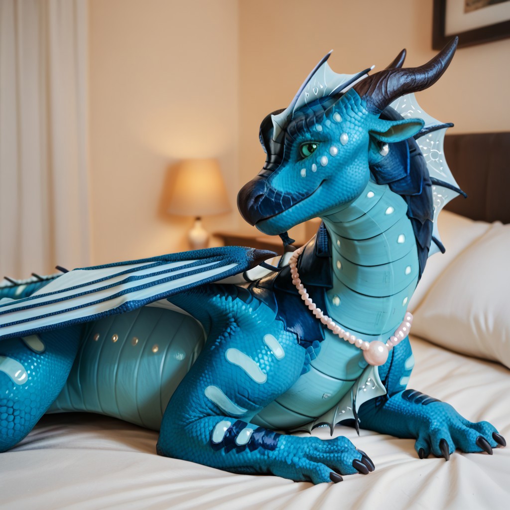 score_9, score_8_up, score_7_up, score_6_up, score_5_up, score_4_up, masterpiece, high quality, realistic, detailed, best quality, white bed, solo, rating_safe, source_furry, bedroom, smiling, seductive, looking at viewer, lying on belly, Coral_wof, blue scales, pearls, pearl necklace, green eyes, female, 1girl, Seawing, Seawing scale pattern, dragon, scales, wings, horns, tail, fins, claws, chest fins, detailed eyes, feral