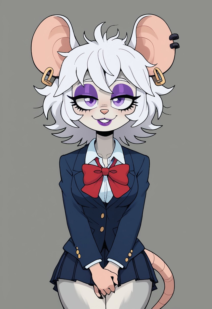 score_9, score_8_up, score_7_up,((best quality)), absurdres,  <lora:3d-2d:0.8>,   <lora:TheaStiltonPXL:0.8>,TheaStiltonPXL,tail, makeup, mouse tail,eyeshadow, mouse ears, light grey body fur, purple eyes, animal nose, furry female, animal ears, 
vanitaker
White hair,
Messy hair,
Earing studs in ear,
Purple lipstick
School uniform