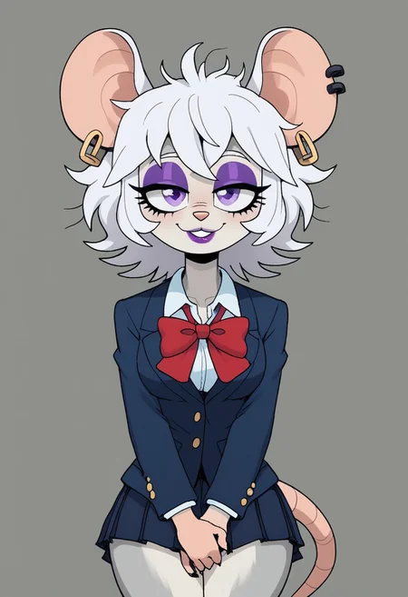 score_9, score_8_up, score_7_up,((best quality)), absurdres,  <lora:3d-2d:0.8>,   <lora:TheaStiltonPXL:0.8>,TheaStiltonPXL,tail, makeup, mouse tail,eyeshadow, mouse ears, light grey body fur, purple eyes, animal nose, furry female, animal ears, 
vanitaker
White hair,
Messy hair,
Earing studs in ear,
Purple lipstick
School uniform