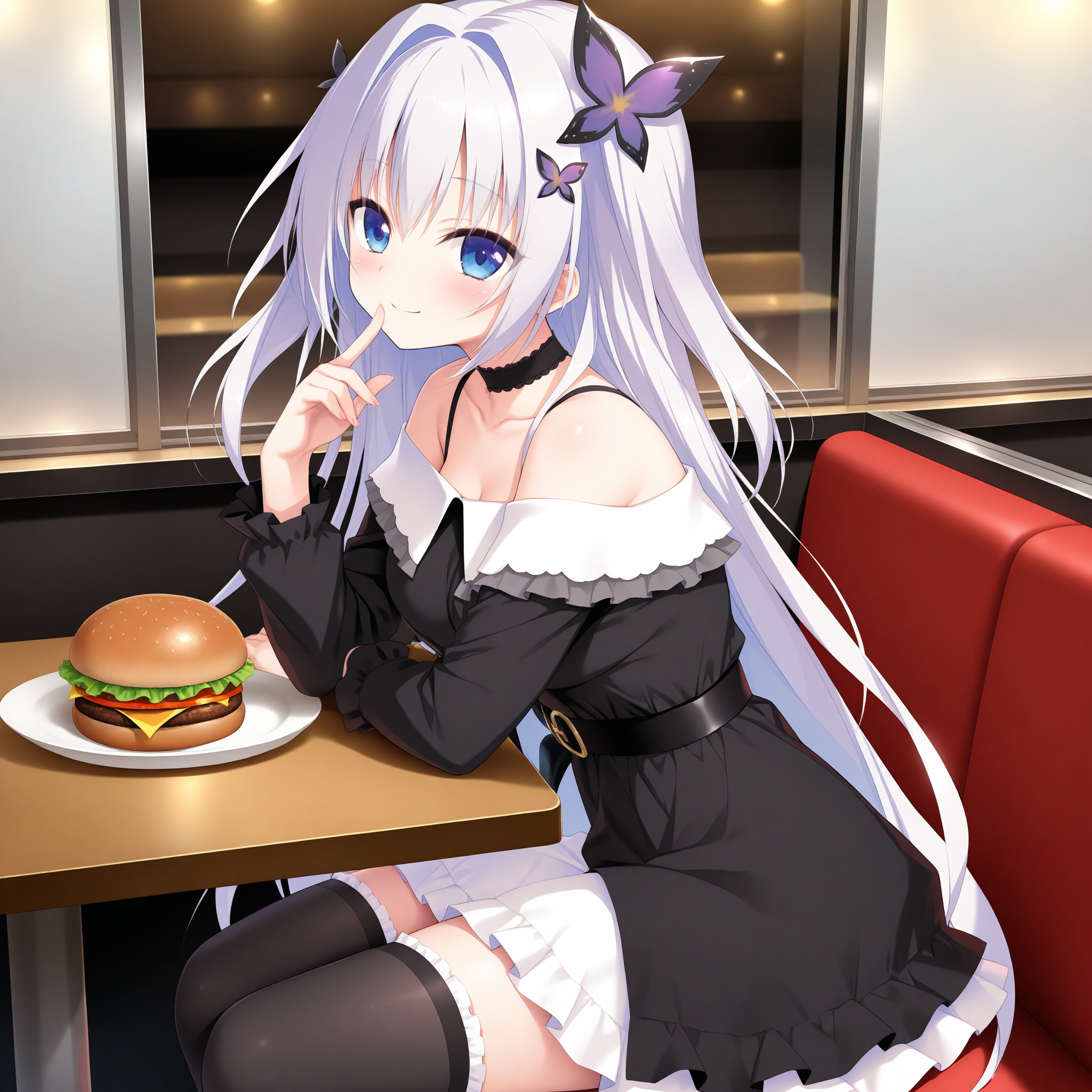 <lora:Tsukigaoka_Ran_1_nai-000040:1>,Tsukigaoka Ran,butterfly hair ornament,hair intakes,two side up,
regular dress,black dress,frilled dress,long sleeves,belt,black choker,collarbone,off-shoulder dress,off shoulder,bare shoulders,black thighhighs,white frills,white skirt,
1girl,solo,sitting,restaurant,from side,looking at viewer,finger to mouth,smile,blush,burger,