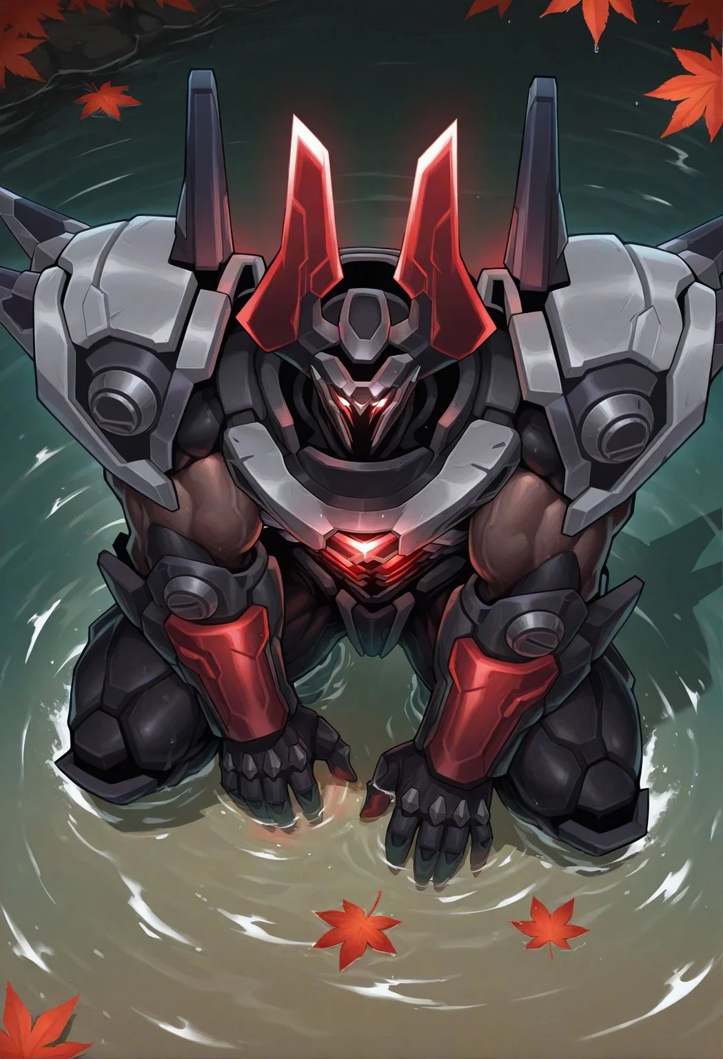 bara,muscular male,comic,from above,
solo,mecha,glowing,squatting,wading,water,maple leaf on water,
project-mordekaiser,
very awa,masterpiece,best quality,absurdres,newest,perfect quality,detailed background,intricate details,