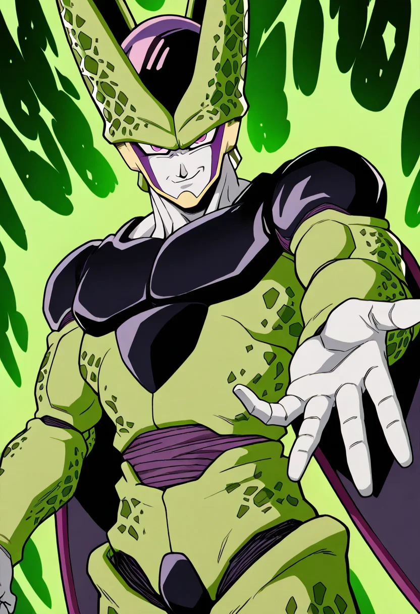 masterpiece, best quality, 1boy, solo, looking at viewer, zzCell, pink eyes, colored skin, green skin, <lora:CellPerfectDB_IXL:0.8>, outstretched hand, aura, smug,