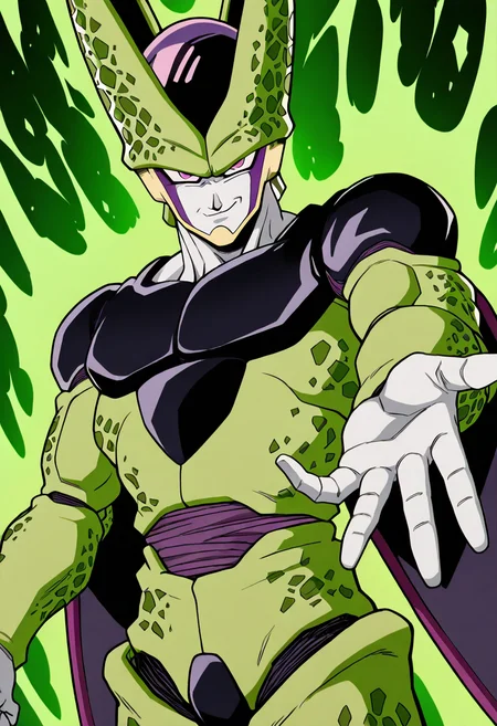masterpiece, best quality, 1boy, solo, looking at viewer, zzCell, pink eyes, colored skin, green skin, <lora:CellPerfectDB_IXL:0.8>, outstretched hand, aura, smug,
