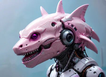 fantasy photoshot, pink fluffy (alien shark:1.2) (species:1.2) head cyborg profile, highly detailed, sad, fluffy, clean <lora:alien-species:1>