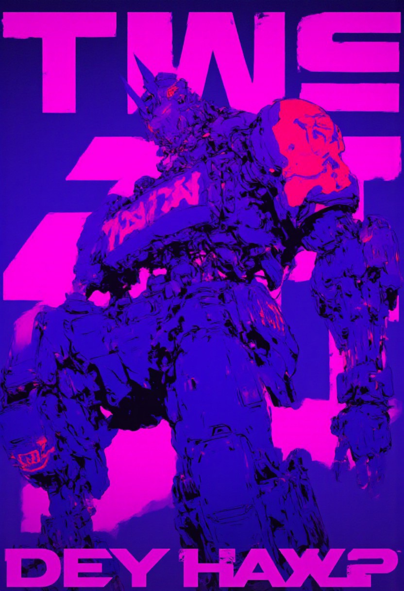 high contrast neon anime style in neon pink and navy blue. A large battletank in boxer pose