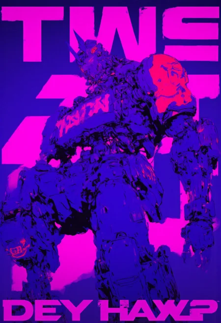high contrast neon anime style in neon pink and navy blue. A large battletank in boxer pose