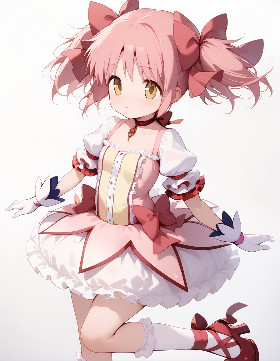 (score_9,score_8_up,score_7_up),<lora:homura and madoka:1>,, (mahou_shoujo_madoka,kaname madoka,pink hair,twintails,short twintails,hair ribbon,red ribbon,hair bow,ribbon,yellow eyes),(magical girl,choker,ribbon choker,red choker,soul gem,gloves,white gloves,puffy sleeves,puffy short sleeves,short sleeves,bow,skirt,bubble skirt,frilled skirt,dress,white skirt,frills),(white socks,frilled sleeves,frilled socks,socks,ankle ribbon,leg ribbon),red footwear,, 1girl, perfectly flat chest, tiny perky tits