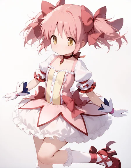 (score_9,score_8_up,score_7_up),<lora:homura and madoka:1>,, (mahou_shoujo_madoka,kaname madoka,pink hair,twintails,short twintails,hair ribbon,red ribbon,hair bow,ribbon,yellow eyes),(magical girl,choker,ribbon choker,red choker,soul gem,gloves,white gloves,puffy sleeves,puffy short sleeves,short sleeves,bow,skirt,bubble skirt,frilled skirt,dress,white skirt,frills),(white socks,frilled sleeves,frilled socks,socks,ankle ribbon,leg ribbon),red footwear,, 1girl, perfectly flat chest, tiny perky tits