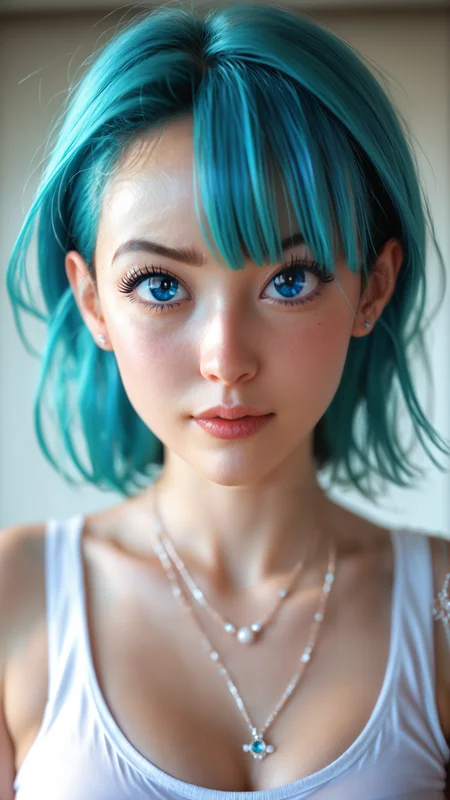 score_9, score_8_up, score_7_up, masterpiece, best quality, Half body portrait, 1girl, realistic, teen girl, (((Bulma)) character in real life), true light, pin-up, beautiful, sexy, colourful, smooth skin, illustration, artstation, sideways glance, foreshortening, extremely detailed 8K, smooth, high resolution, ultra quality, highly detail eyes, highly detail mouth, highly detailed face, perfect eyes, both eyes are the same, glare, Iridescent, Global illumination, real hair movement, realistic light, realistic shadow, real face, hd, 8k