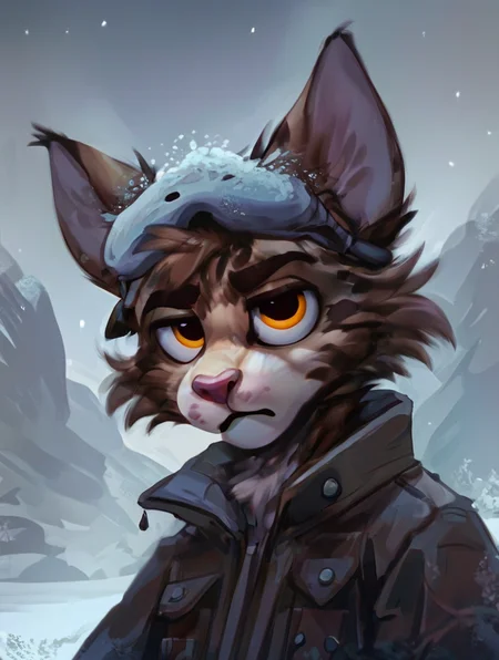 source_furry,  Brown furred cat wearing a puffy jacket, looking at viewer, cat ears, orange eyes, pink nose, unamused look, grey sky, snowing, a bit of snow on head and jacket, <lora:test 2:1>, score_9, score_8_up, score_7_up,