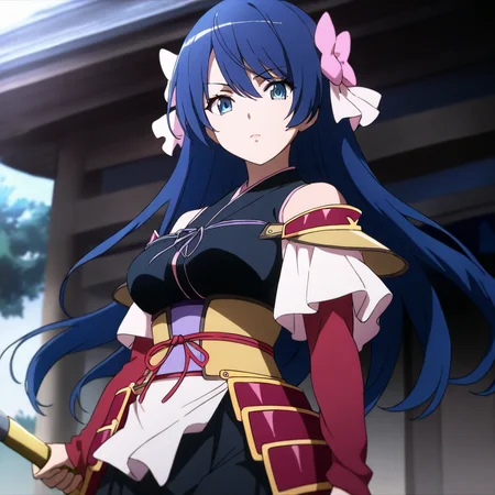 solo,anime coloring,looking at viewer,cowboy_shot,masterpiece,high score,great score,absurdres,
<lora:NiwaNagahide ag4o:1> niwanagahide, blue hair, long hair, blue eyes,japanese armor,holding weapon,