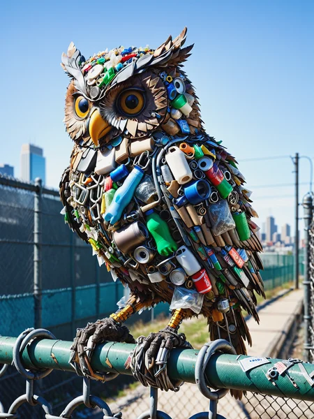 owl made of mad-garbage perched on a chain-link fence, city, <lora:Garbage_SDXL:0.8>, raw photo, film grain, Fujifilm XT3, (photorealistic, realistic:1.2), deep shadow,  8k, uhd, dslr, ultra high res
