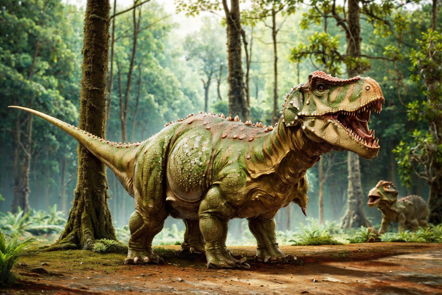 (masterpiece, best quality:1.2), ultra-detailed, Red and green jungle dinosaur tricerasauruss, (realistic:1.5), <lora:EdobDinosaurs_v1.0:1>