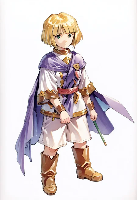 score_8, score_8_up, score_7_up, source_anime, traditional media, BREAK 1girl, female focus, solo, Sheba_GS, blonde hair, bob cut, blunt bangs, side locks, short hair with long locks, green eyes, cape, brooch, tunic, short sleeves, sash, bracer, white shorts, shorts, knee boots, brown footwear, full body, standing, simple background, white background