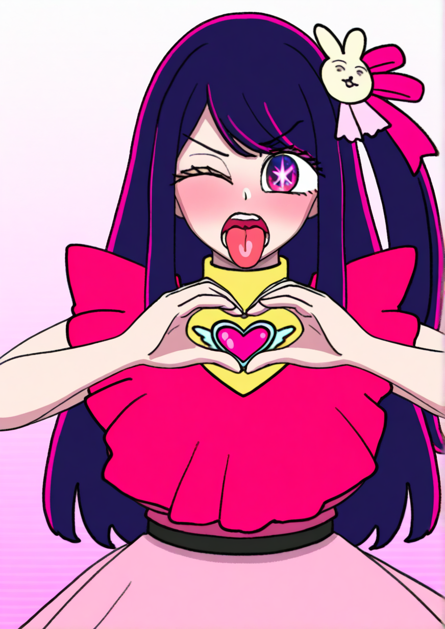 <lora:ilica:1.3>,1girl, hoshino ai (oshi no ko), huge breasts, ;p, blush, brooch, cowboy shot, dress, frilled dress, frills, hair ornament, hair ribbon, heart, heart brooch, heart hands, idol, idol clothes, jewelry, long hair, looking at viewer, one eye closed, one side up, open mouth, pink dress, pink ribbon, purple eyes, rabbit hair ornament, ribbon, screentones, solo, star-shaped pupils, star (symbol), swept bangs, symbol-shaped pupils, teeth, tongue, tongue out, turtleneck dress,