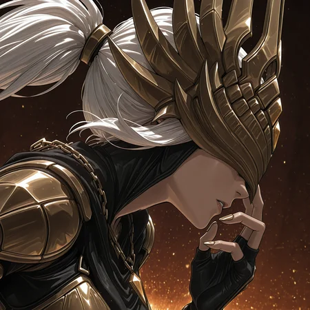 <lora:justicar_syndra_ill_v1.2:1> justicar_goddess, 1girl, armor, crown, covered eyes, necklace, colarbone, close up, abstract background, <lora:re4lity:0.6> re4lity_sync_illu, side view, ponytail, white hair, holding hand infront of face, finger armor