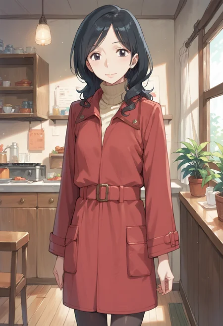 score_9, score_8_up, score_7_up, score_6_up, score_ANIME, koukimama, 1girl, solo, black hair, long hair, red coat, indoors, black pantyhose, cowboy shot, turtleneck sweater, <lora:koukimama_pony4:1> looking at viewer, smile, black eyes,