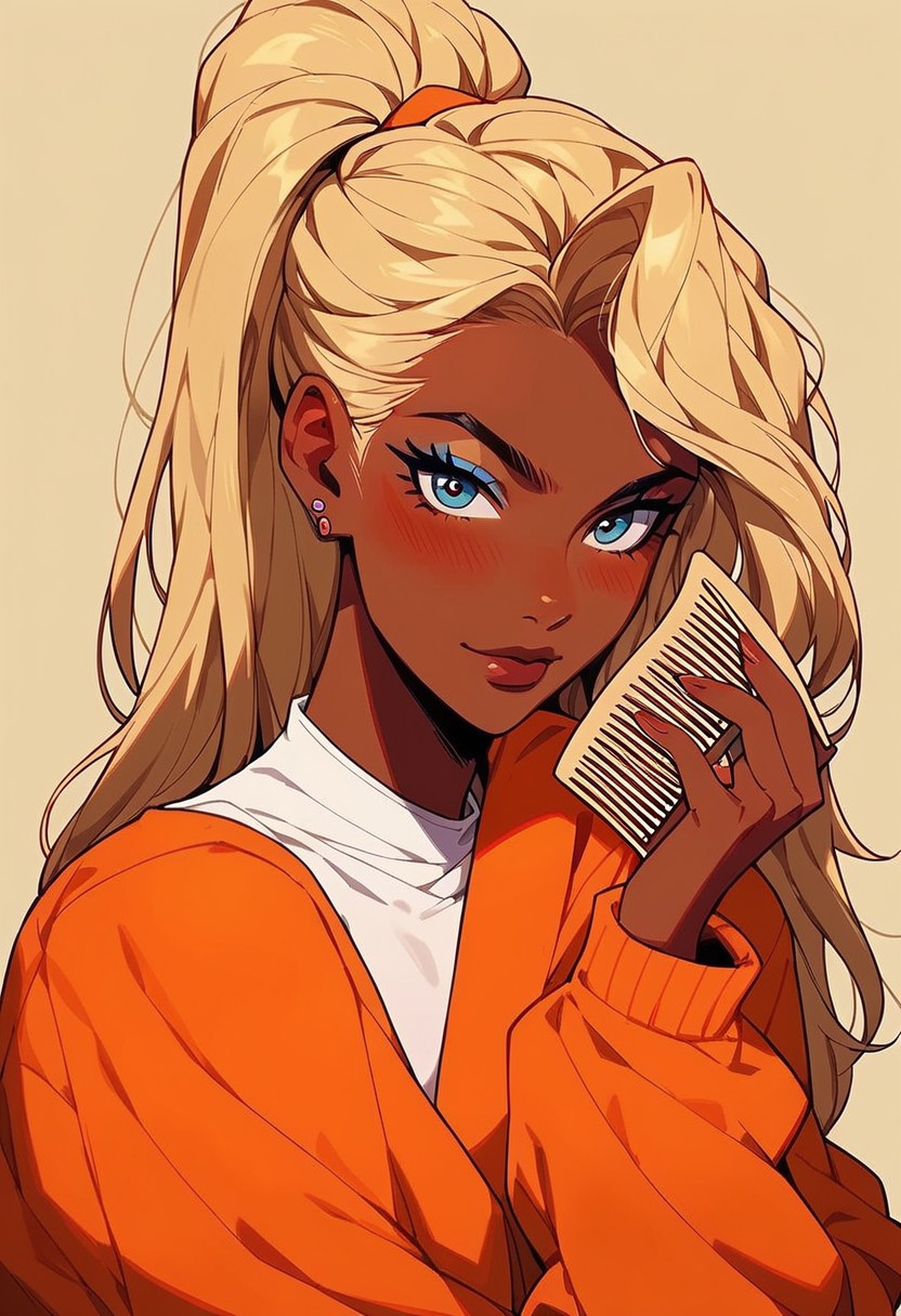 score_9, score_8_up, score_7_up, score_6_up,black backround,rimlight, jdc_style, 1girl,shinny skin, egirlpfp,lineart,looking at viewer,side face, proud,orange jacket, white t-shirt, blush, dark skin,blonde, lazy eyes,long hair, high ponytail,(shinny skin),comb oneself,claveaje,holding her hair,eyeliner, mascara, (smile:0.6),sexy