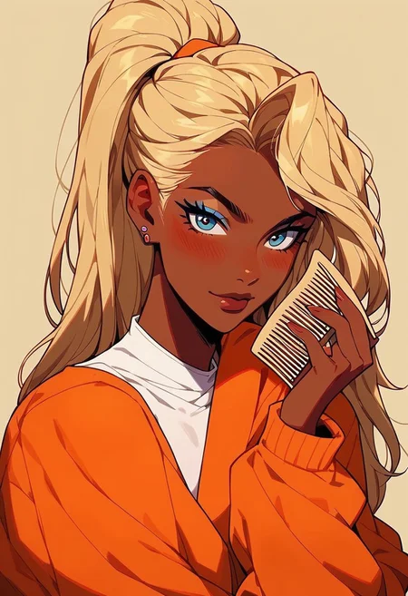 score_9, score_8_up, score_7_up, score_6_up,black backround,rimlight, jdc_style, 1girl,shinny skin, egirlpfp,lineart,looking at viewer,side face, proud,orange jacket, white t-shirt, blush, dark skin,blonde, lazy eyes,long hair, high ponytail,(shinny skin),comb oneself,claveaje,holding her hair,eyeliner, mascara, (smile:0.6),sexy