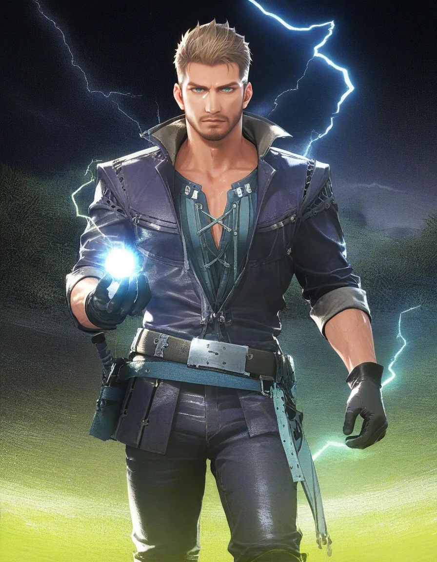 score_9, score_8_up, score_7_up, score_6_up, score_5_up, <lora:FF16 - Cidolfus Telamon - Pony 3-000007:0.7>cid_t, light brown hair, very short hair, green eyes, facial hair, jacket, shirt, belt, gloves, pants, boots, green field, night, storm, lightning, magic, electricity, holding magic, looking at viewer, glowing blue eyes, cowboy shot