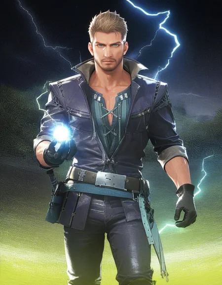 score_9, score_8_up, score_7_up, score_6_up, score_5_up, <lora:FF16 - Cidolfus Telamon - Pony 3-000007:0.7>cid_t, light brown hair, very short hair, green eyes, facial hair, jacket, shirt, belt, gloves, pants, boots, green field, night, storm, lightning, magic, electricity, holding magic, looking at viewer, glowing blue eyes, cowboy shot