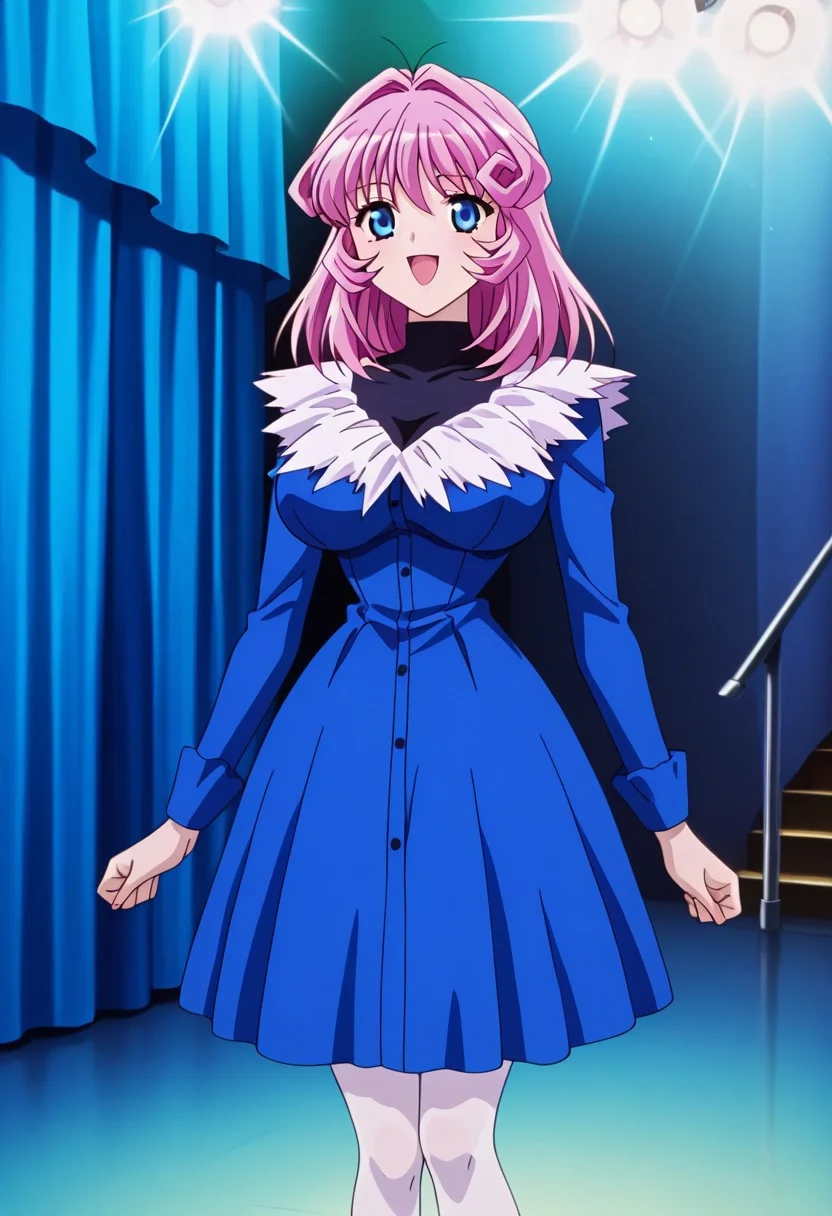 <lora:anime_screencap-IL v-pred:1>, anime screencap, anime coloring, amazing quality, very aesthetic, absurd resolution, masterpiece, 4k resolution, perfect anatomy, perfect eyes, (hand with four fingers and one thumb), BREAK 1girl, 3/4 body shot, <lora:CD11_rina_ill-05:1>, Rina_CD11, pink hair, medium hair, blue eyes, slim waist, wide hips, large breasts, perky breasts, singing, open mouth, looking at viewer, happy smile, joy, (<lora:blue_concert_ill-05:1>, (blue shirtdress, v-neck, white feather neckline, blue buttons, long sleeves, blue sleeves, knee-length dress, white feather hemline,), (black turtleneck, sleeveless, under dress,), white pantyhose, ), breast focus, BREAK (stage, stage lights, floor lights, blue curtains, stage curtains, pale lilac stage, short staircase, idol, no men, 1girl, solo,),