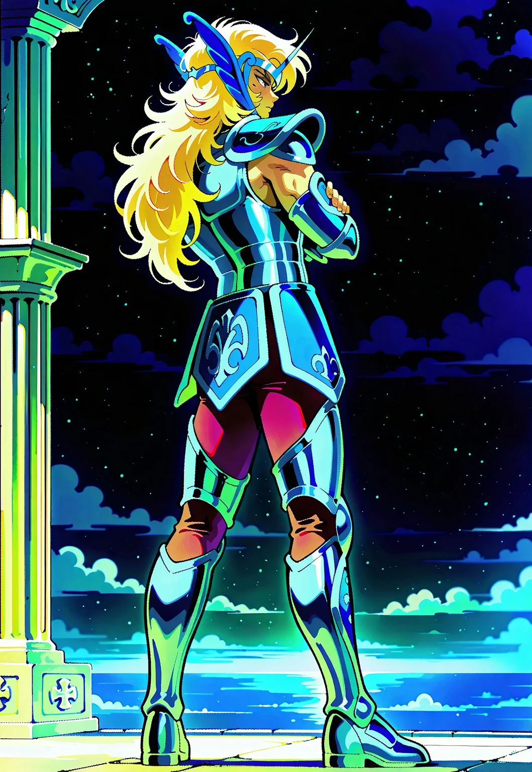 masterpiece,best quality,amazing quality, cephalbioreilxl, 1boy, male focus, toned male, blue eyes, wavy long hair, blonde hair, blue circlet, blue pauldrons, blue breastplate, elbow length vambraces, blue faulds, maroon pants, thighhigh greaves, fingerless gloves, full body, mediterranean backdrop, greek pillars, back view, from behind, arms crossed, folding arms, arms folded, dark sky