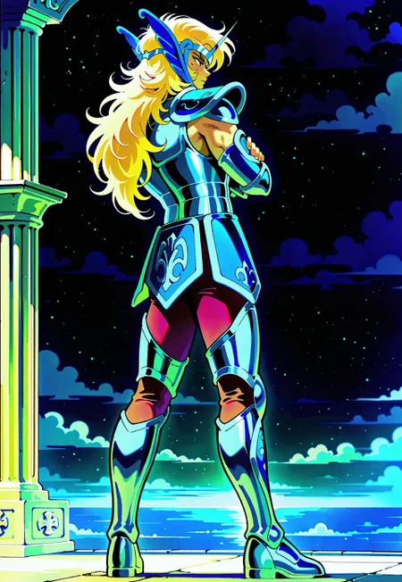 masterpiece,best quality,amazing quality, cephalbioreilxl, 1boy, male focus, toned male, blue eyes, wavy long hair, blonde hair, blue circlet, blue pauldrons, blue breastplate, elbow length vambraces, blue faulds, maroon pants, thighhigh greaves, fingerless gloves, full body, mediterranean backdrop, greek pillars, back view, from behind, arms crossed, folding arms, arms folded, dark sky