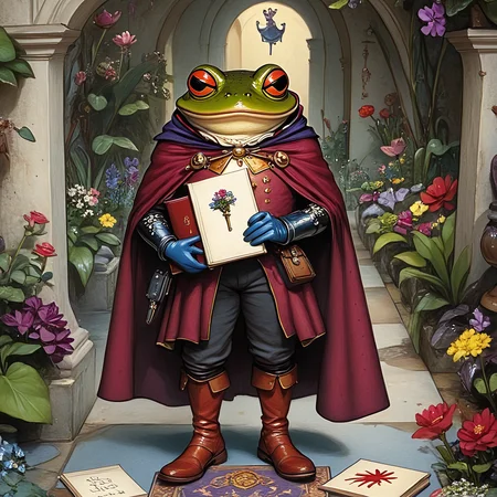 <lora:Wonderland:1> ArsMJStyle, Wonderland, The image shows a frog wearing a red cape and holding a book in its hands standing on a carpeted floor surrounded by plants with flowers pillars and a wall in the background., cape, flower, frog, solo, boots, letter, weapon, envelope, no humans, gloves, 1boy, male focus