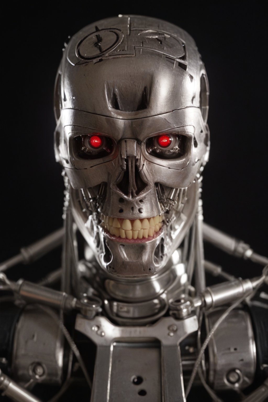 T800_Endo, Terminator robot, score_9, score_8_up, score_7_up, (source_IRL, source_movie), cinematic, realistic, masterpiece, high quality, highres RAW photo, ((close-up shot, close-up head shot, front view))
a T800_Endo Terminator Robot with red eyes, he is made of metal, he is made of shiny chrome metal, new, clean, <lora:T800_Endo_Terminator_Pony-000010:1>
(standing)
black background
dynamic lighting, highly detailed, intricate details