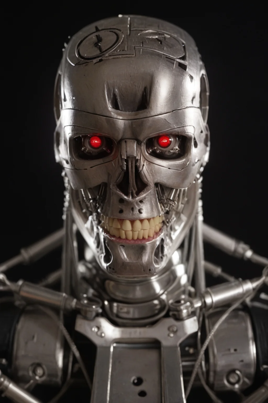 T800_Endo, Terminator robot, score_9, score_8_up, score_7_up, (source_IRL, source_movie), cinematic, realistic, masterpiece, high quality, highres RAW photo, ((close-up shot, close-up head shot, front view))
a T800_Endo Terminator Robot with red eyes, he is made of metal, he is made of shiny chrome metal, new, clean, <lora:T800_Endo_Terminator_Pony-000010:1>
(standing)
black background
dynamic lighting, highly detailed, intricate details