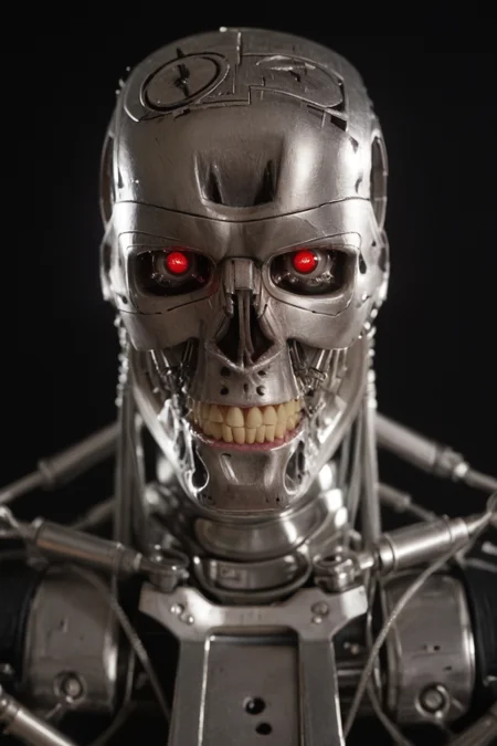 T800_Endo, Terminator robot, score_9, score_8_up, score_7_up, (source_IRL, source_movie), cinematic, realistic, masterpiece, high quality, highres RAW photo, ((close-up shot, close-up head shot, front view))
a T800_Endo Terminator Robot with red eyes, he is made of metal, he is made of shiny chrome metal, new, clean, <lora:T800_Endo_Terminator_Pony-000010:1>
(standing)
black background
dynamic lighting, highly detailed, intricate details
