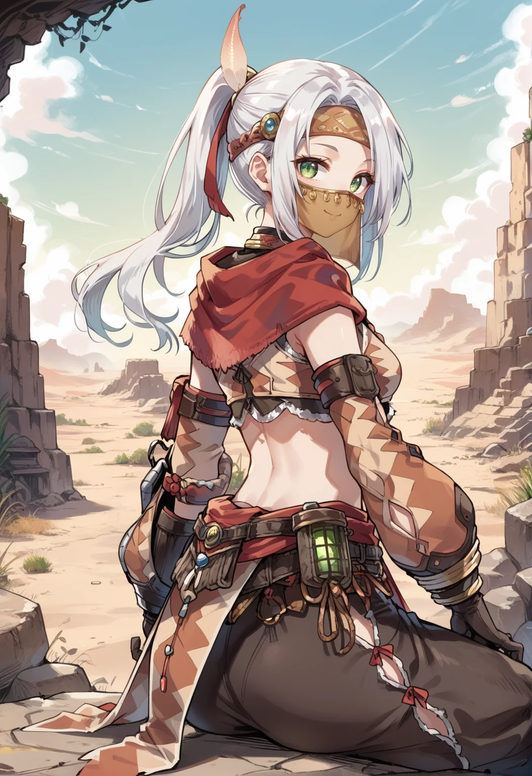 (score_9:0.9),score_8_up,score_7_up,rating_safe,anime style,(zPDXL),<lora:kulu armor ponyXL v1:0.77>,kulu armor,1girl,navel,smile,green eyes,ponytail,white hair,looking at viewer,white background,midriff,long hair,solo,brown veil,brown crop top,brown detached sleeves,brown pelvic curtain,medium breasts,closed mouth,feather headband,red cape,black baggy pants,sitting on stone,desert,from behind,looking back, v