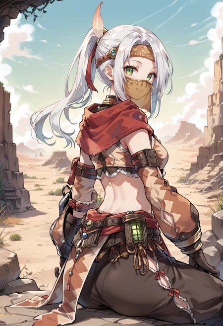 (score_9:0.9),score_8_up,score_7_up,rating_safe,anime style,(zPDXL),<lora:kulu armor ponyXL v1:0.77>,kulu armor,1girl,navel,smile,green eyes,ponytail,white hair,looking at viewer,white background,midriff,long hair,solo,brown veil,brown crop top,brown detached sleeves,brown pelvic curtain,medium breasts,closed mouth,feather headband,red cape,black baggy pants,sitting on stone,desert,from behind,looking back, v