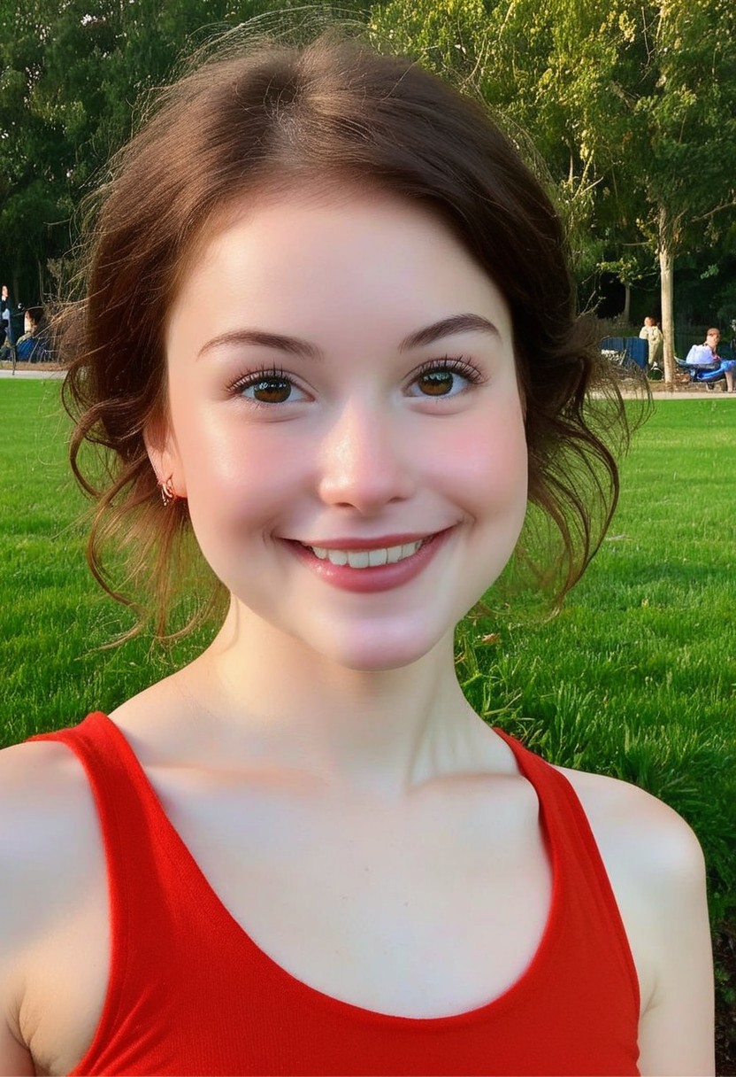 score_9, score_8_up, score_7_up, wide shot, high quality, best quality, photorealistic, park, outdoors, sunny, gorgeous shot BREAK 18 year old, brunette, cute, big eyes, soft jaw, cute smile, small mouth, plump lips, very plump lips, very small mouth,small nose, neoteny, amused, smiling, european,th1ntt0png, red tank top2.1, 
fresh skin, goosebump skin, pale skin,7-cgifaces, skinny,petite, detailed eyes, skinny,very widset eyes,very small mouth,very plump lips,cut smile