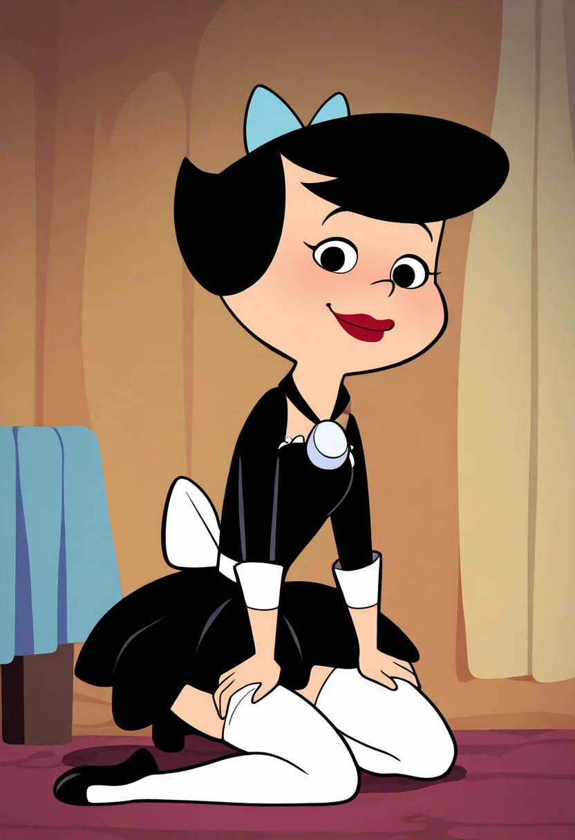 masterpiece, best quality, very aesthetic, absurdres,
1girl, betty, black hair, hair bow, short hair, black eyes,
red lipstick,
black dress, maid uniform, maid, maid outfit, kneeling, stockings, looking at viewer, solo, indoors, bedroom background  <lora:BettyRubbleNoobXL_byKonan:1>