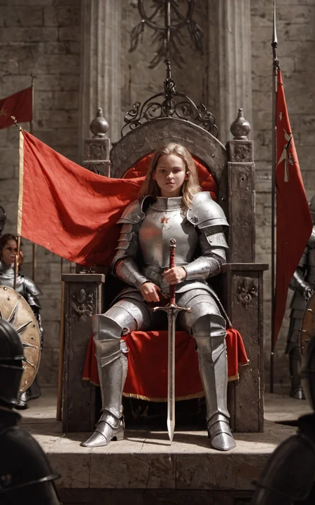 score_9,score_8_up,score_7_up,1girl,knight,shield,metal armor,long blond hair,ornate,towershield,throne room,broadsword,flags,masterpiece,detailed,