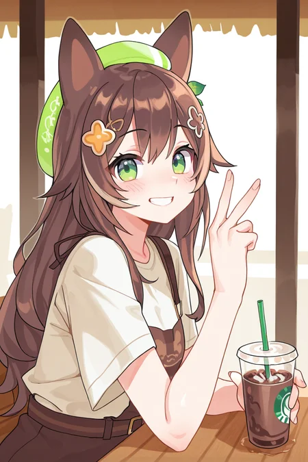 masterpiece, best quality, amazing quality,
 <lora:Lango_IL:1> lango, 1girl, green eyes, solo, smile, holding, cup, animal ears, hair ornament, long hair, holding cup, hat, v, virtual youtuber, drinking straw, looking at viewer, brown hair, disposable cup