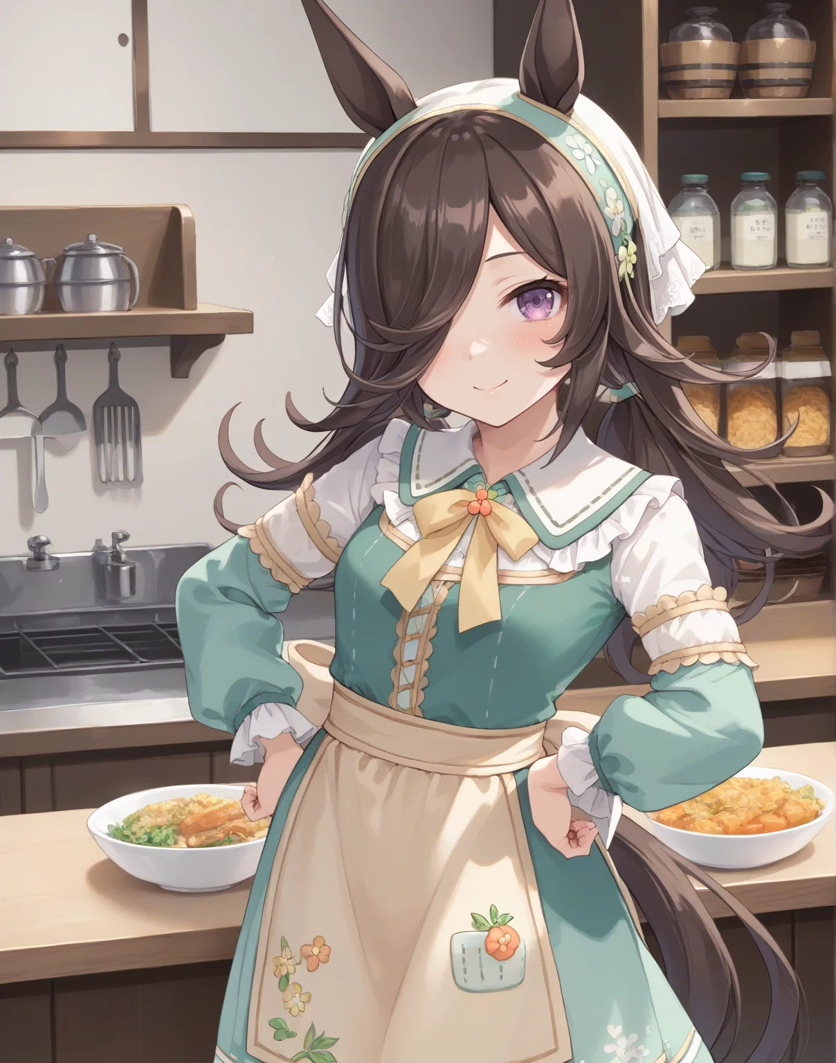 score_9, score_8_up, score_7_up, official art, masterpiece, high quality, megami magazine, official style, game cg, 1girl, (looking at viewer:1.4), (closed mouth:0.6), , smile, , hand on hip, from behind, ,
rcs ydf, rice shower (umamusume), rice shower (yummy dreamy fairy) (umamusume), alternate costume, alternate hairstyle, animal ears, apron, blush, brown hair, dress, green dress, hair ornament, hair over one eye, horse ears, horse girl, horse tail, long hair, long sleeves, low twintails, official alternate costume, official alternate hairstyle, print dress, tail, twintails, violet eyes, <lora:umamusume_rice_shower2_pony_v1:1>,
(hair over one eye:1.2), ,