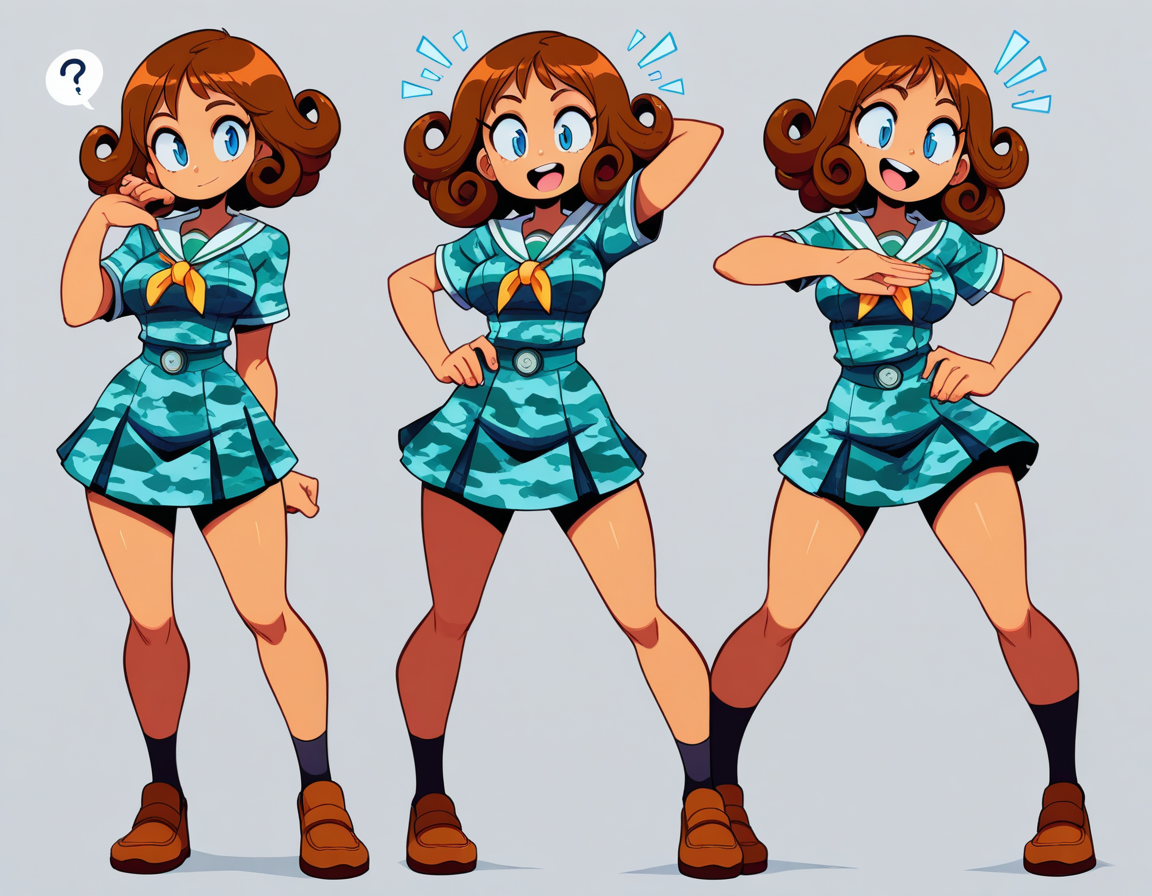 1_girl, blue eyes,  long  brown curly hair , colorful accessories , tanned skin , tall , (medium breasts) , excited expression ,   aqua camouflage print japanese school uniform , (MoreOutfits:1.5), (clothes variation), unique (multiple views:1), (3views), full body, looking at viewer, cool pose, (dynamic_pose:1.2), wide shot, (white background:1), (masterpiece:1.2), (best quality, highest quality), (ultra detailed), (8k, 4k, intricate), detailed eyes, BREAK, (vivid high contrast colors), (expressive energetic ), short cartoony simplistic angular art style mix of wakfu, (speedoru:0.6), (diives:0.7),  
 <lora:DarkfireToon2:0.3>     <lora:last:0.5>