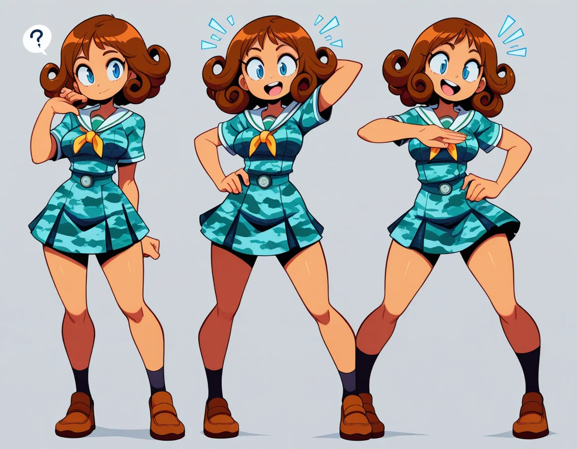 1_girl, blue eyes, long brown curly hair , colorful accessories , tanned skin , tall , (medium breasts) , excited expression , aqua camouflage print japanese school uniform , (MoreOutfits:1.5), (clothes variation), unique (multiple views:1), (3views), full body, looking at viewer, cool pose, (dynamic_pose:1.2), wide shot, (white background:1), (masterpiece:1.2), (best quality, highest quality), (ultra detailed), (8k, 4k, intricate), detailed eyes, BREAK, (vivid high contrast colors), (expressive energetic ), short cartoony simplistic angular art style mix of wakfu, (speedoru:0.6), (diives:0.7),
<lora:DarkfireToon2:0.3> <lora:last:0.5>