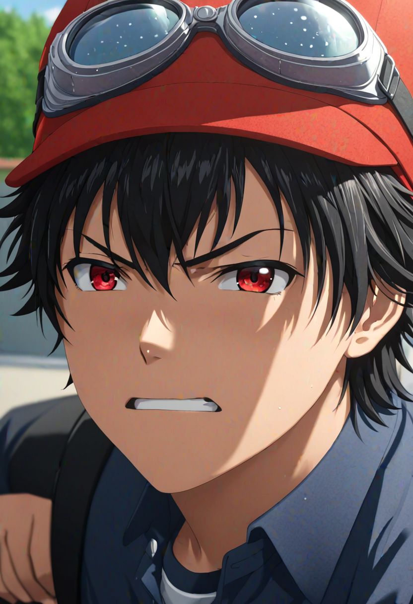 (4k), extremely detailed, hyper detailed, high resolution, professional photography, best quality, candid photo, 1boy, solo, male focus, easynegative, Yuusuke Fujisaki, Red Hat, Black Hair, school uniform, looking at viewer, candid photo, goggles, angry