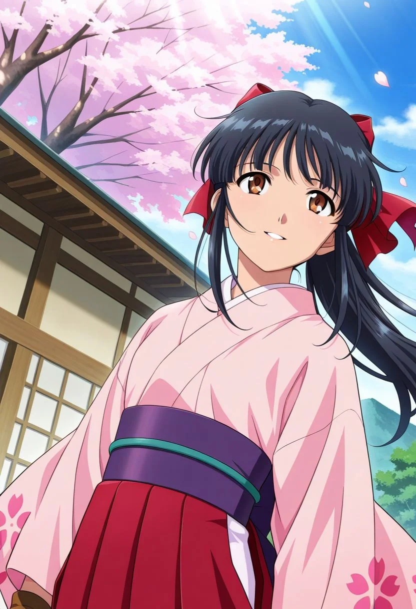 detailed eyes, beautiful, detailed background, perfect eyes,
source_anime, very aesthetic, anime coloring, masterpiece, official art,
<lora:HandFineTuning_XL:1>
BREAK,
sakura tree, japanese village, sakura petals, windy, floating hair,
cowboy shot, dynamic angle,
looking up, hand on hair, light smile, parted lips,
BREAK,
<lora:shinguji_illustrious_v01:0.9>
sakuraBase, black hair, hair ribbon, red ribbon, brown hair, ponytail, red bow, sidelocks, bangs,  
meiji schoolgirl uniform, japanese clothes, red hakama,  floral print sleeves, floral print kimono,  purple sash, fingerless gloves, green obijime,