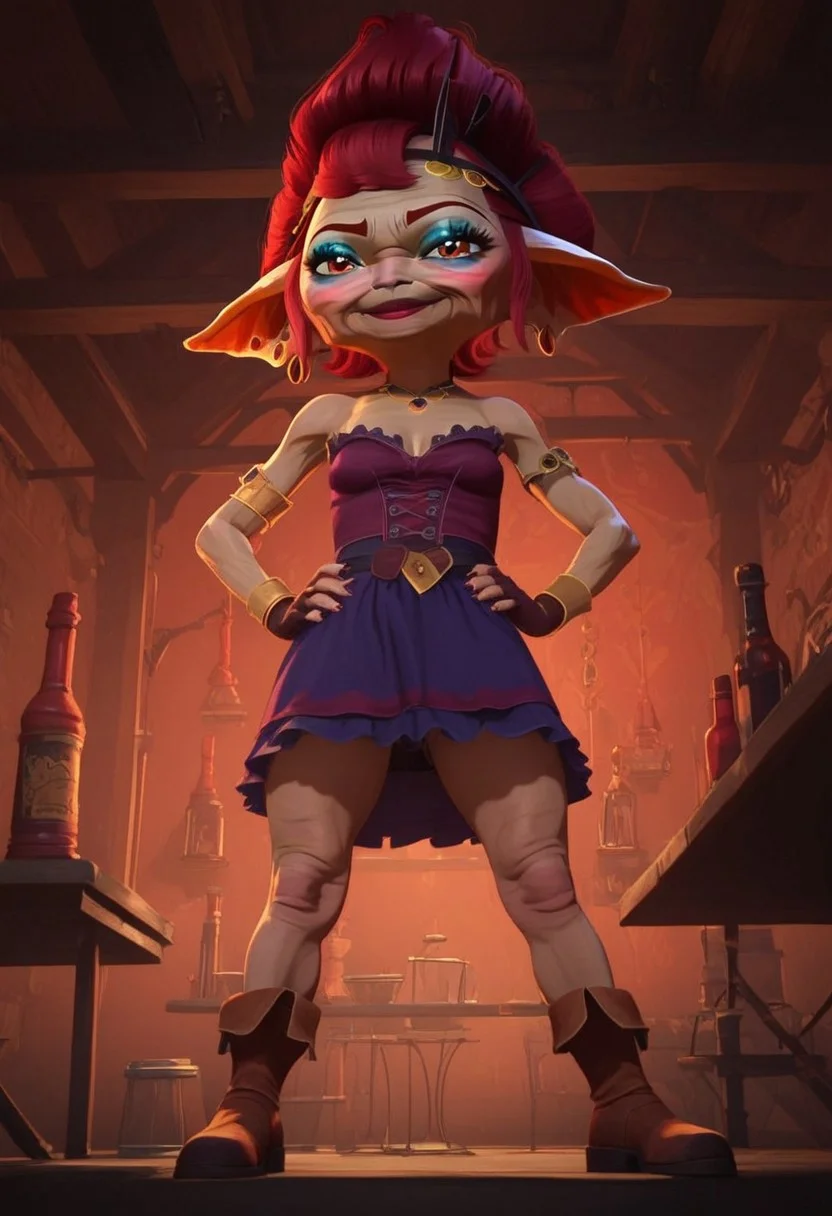 babette_arcane_streets, 1girl, female yordle, elderly woman, granny, wrinkles, pale skin, small body, dark red hair worn in a big bun, head jewelry, large pointed ears, amber-colored eyes, makeup, blush, thick cyan eyeshadow, red lips, pink neckerchief, purple dress (shoulderless top), cleavage, earrings, one purple glove, brown ankle boots, score_9_up, score_8_up, score_7_up, BREAK, 1girl, solo, looking at viewer, cute, smirk, from below, hands on hips, head tilt, female focus, ultra detailed, detailed background, tavern background, masterpiece, best quality, 8k, Expressiveh, realistic, 3d, low angle shot, closeup,